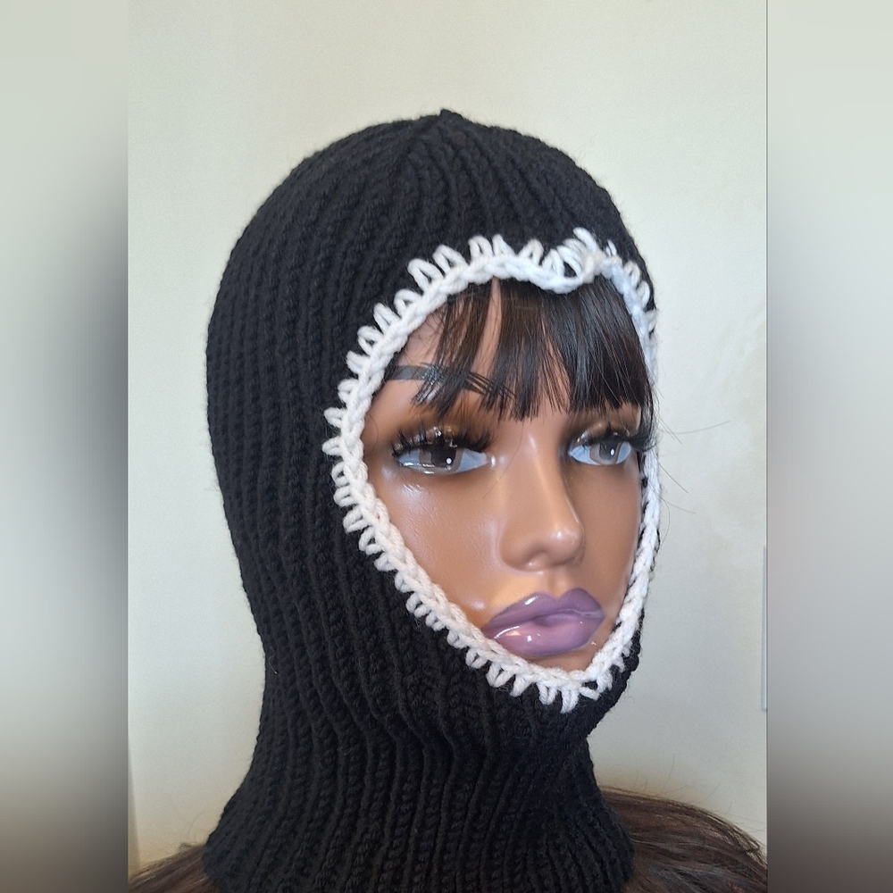 Black Knit Balaclava with White Trim - Women's Hat